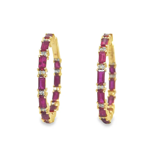 14KT YELLOW GOLD RUBY AND DIAMOND HOOP EARRING
