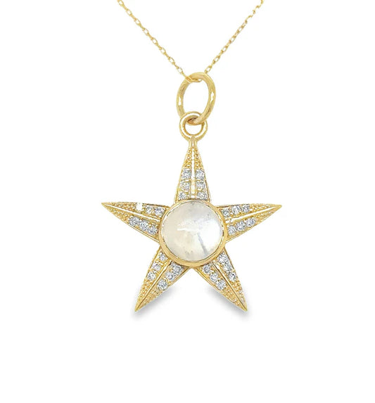 14KT YELLOW GOLD RAINBOW MOONSTONE STAR PENDANT WITH DIAMONDS