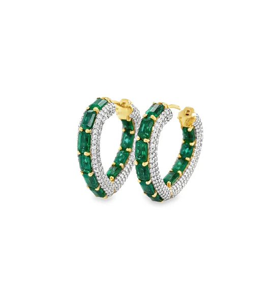 14KT YELLOW GOLD EMERALD AND DIAMONDS HOOP EARRING