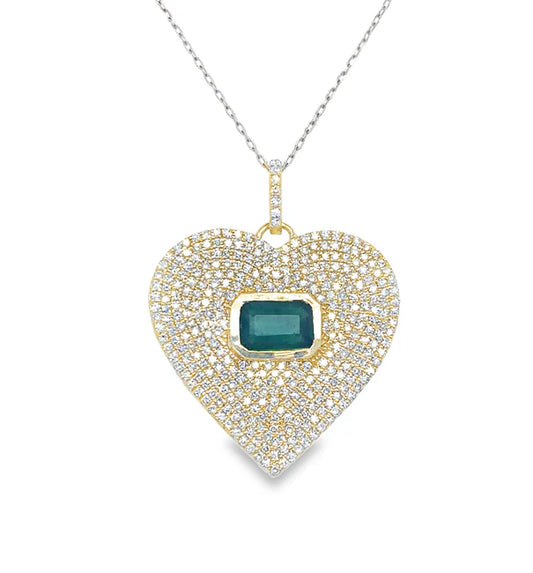 14KT YELLOW GOLD EMERALD AND DIAMONDS HEART SHAPE PENDANT