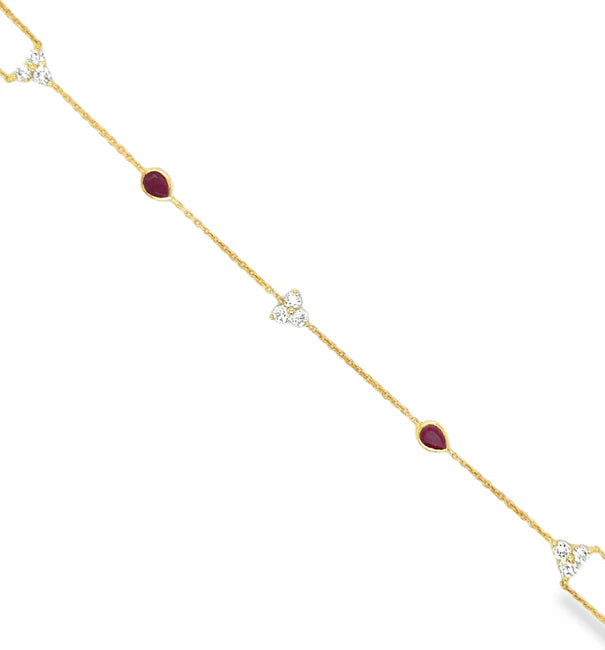 14KT YELLOW GOLD DIAMONDS AND RUBY HAND CHAIN