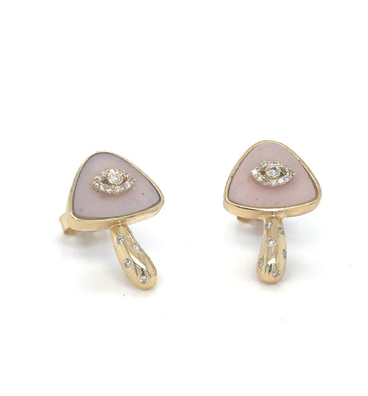 14KT YELLOW GOLD PINK OPAL AND DIAMONDS MUSHROOM EARRING