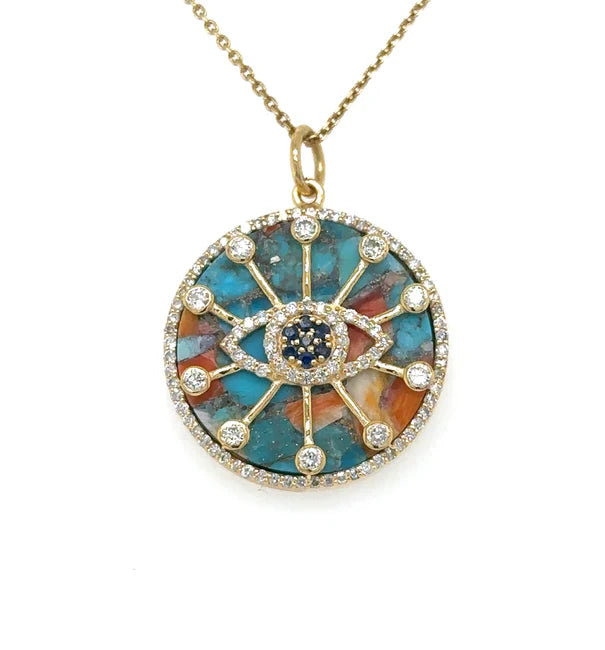 14KT YELLOW GOLD OYSTER TURQUOISE EVIL EYE PENDANT WITH DIAMONDS