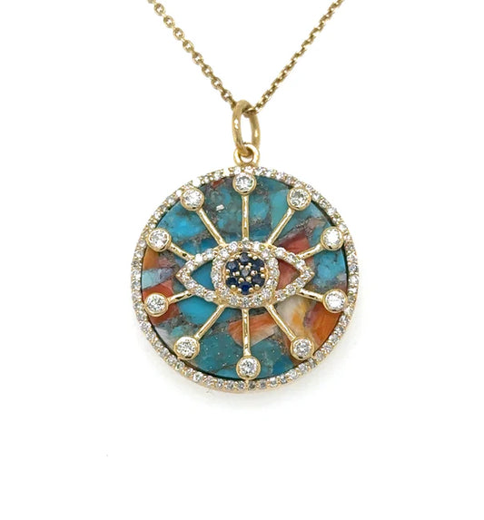 14KT YELLOW GOLD OYSTER TURQUOISE EVIL EYE PENDANT WITH DIAMONDS