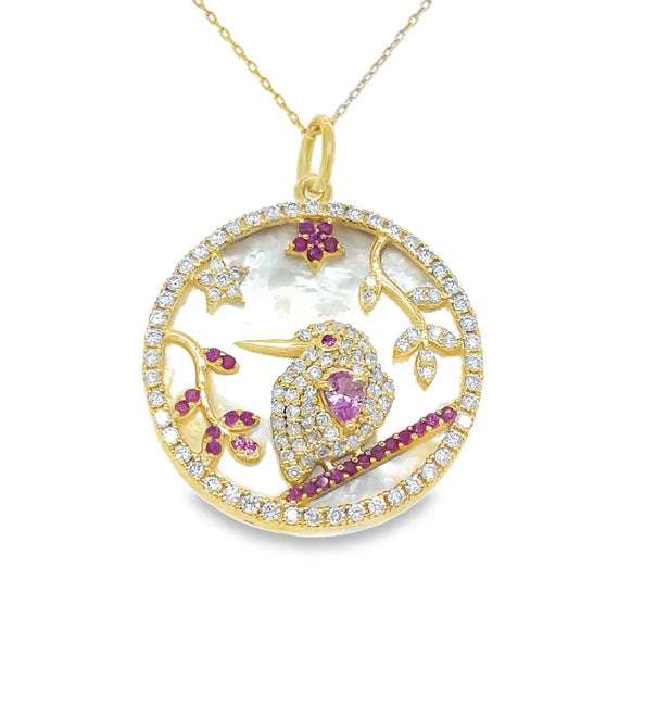 14KT YELLOW GOLD MOTHER OF PEARL BIRD PENDANT WITH RUBY, PINK SAPPHIRE AND DIAMONDS