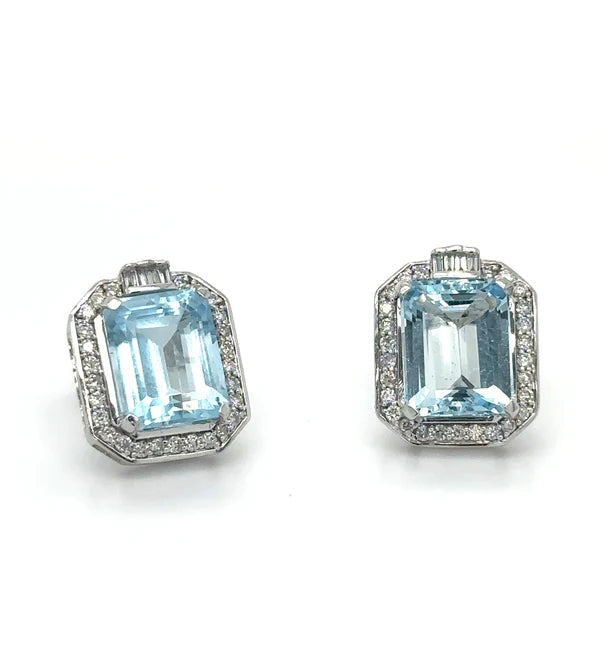 14K WHITE GOLD AQUAMARINE WITH DIAMONDS EARRING