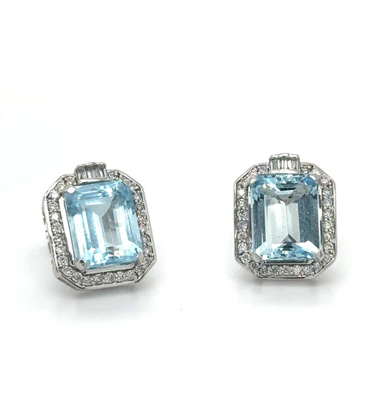 14K WHITE GOLD AQUAMARINE WITH DIAMONDS EARRING