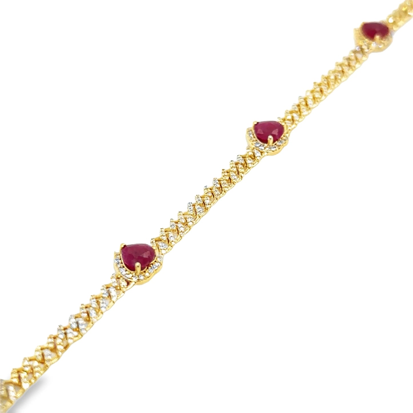 14KT YELLOW GOLD RUBY AND DIAMONDS HEART CUBAN BRACELET