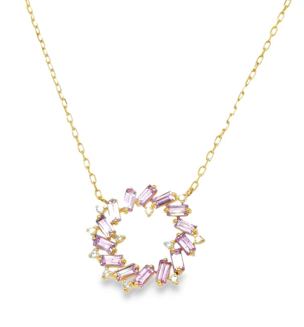 14KT YELLOW GOLD PINK SAPPHIRE AND DIAMONDS NECKLACE