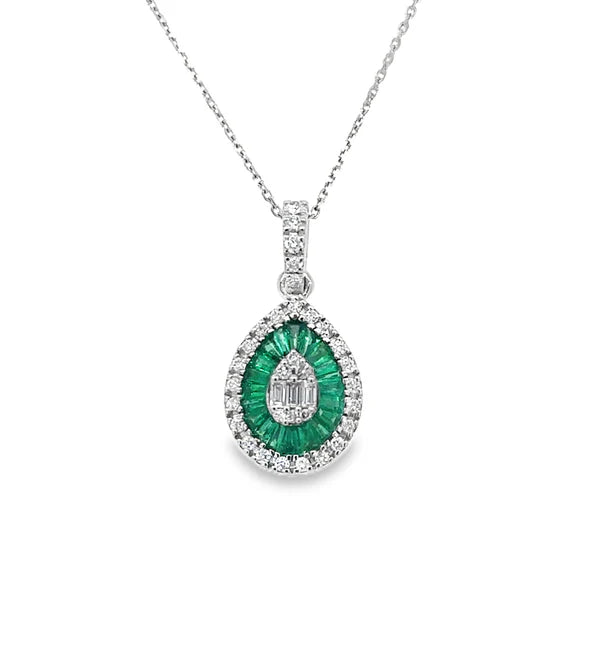 14KT WHITE GOLD EMERALD AND DIAMONDS PEAR SHAPE PENDANT