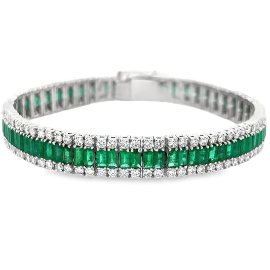 14KT WHITE GOLD EMERALD AND DIAMONDS TENNIS BRACELET