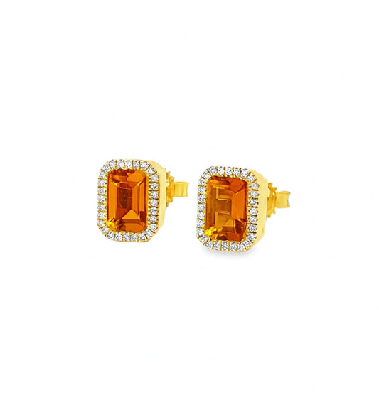 14K GOLD EMERALD CUT ORANGE SAPPHIRE AND DIAMOND STUD EARRING