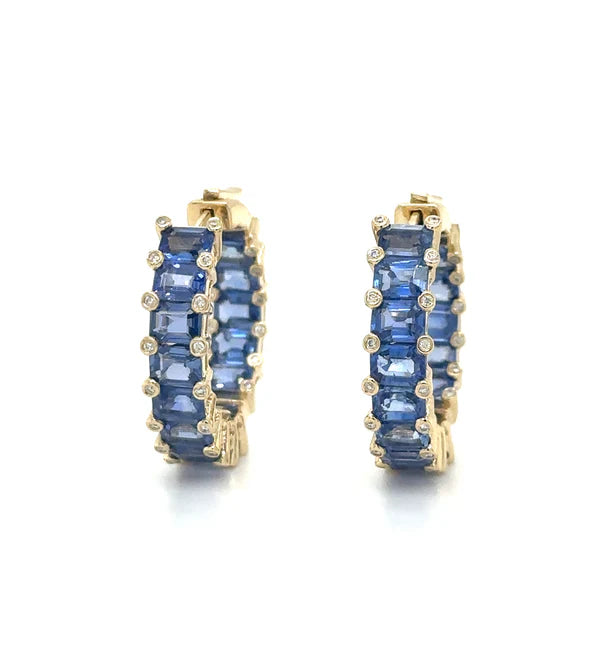 18KT YELLOW GOLD SAPPHIRE AND DIAMOND HOOP EARRING