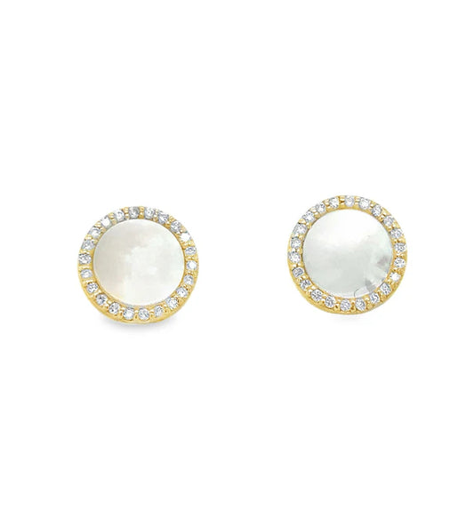 14KT YELLOW GOLD MOTHER OF PEARL WITH DIAMONDS ROUND EARRING