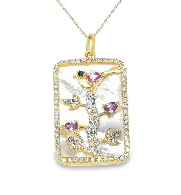 14KT YELLOW GOLD MOTHER OF PEARL BIRD PENDANT WITH SAPPHIRE AND DIAMONDS