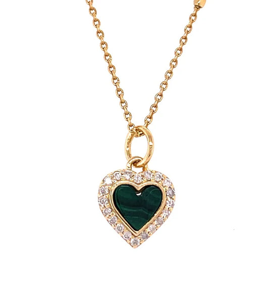 14KT YELLOW GOLD MALACHITE HEART PENDANT WITH DIAMONDS