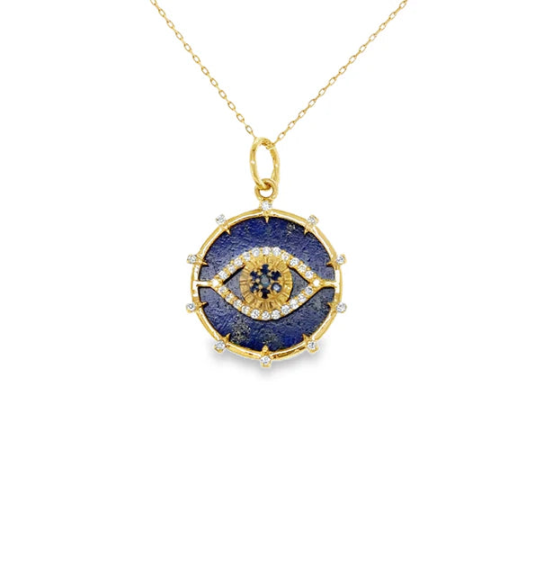 14KT YELLOW GOLD LAPIS AND SAPPHIRE EVIL EYE PENDANT WITH DIAMONDS