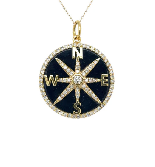 14KT YELLOW GOLD BLACK ONYX COMPASS PENDANT WITH DIAMONDS