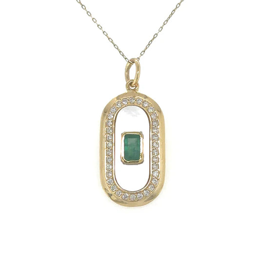 14KT YELLOW GOLD MOTHER OF PEARL PENDANT WITH EMERALD AND DIAMONDS