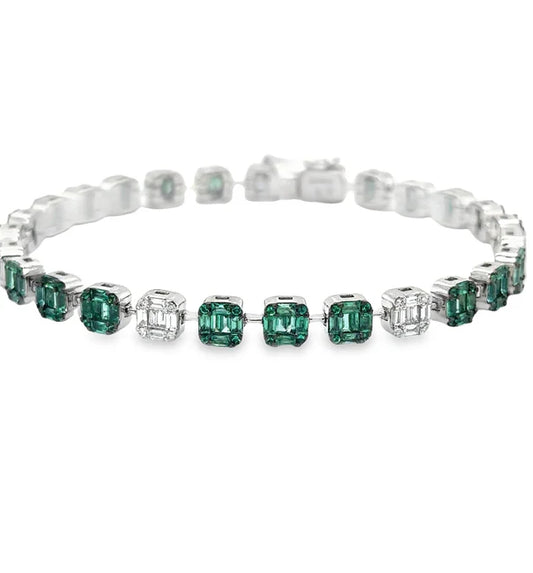 4KT WHITE GOLD EMERALD AND DIAMONDS TENNIS BRACELET