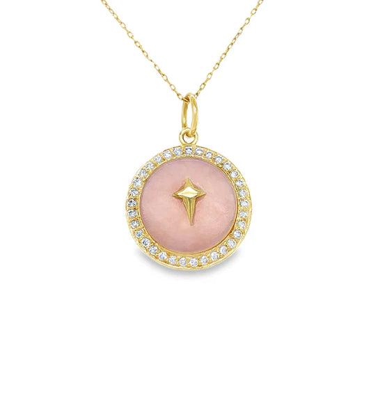 14KT YELLOW GOLD PINK OPAL PENDANT WITH DIAMONDS