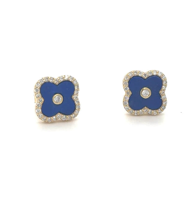 14KT YELLOW GOLD LAPIS AND DIAMONDS CLOVER EARRING