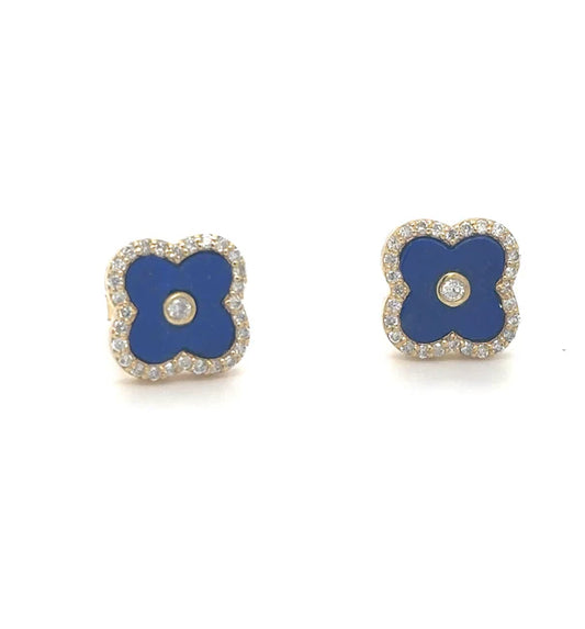 14KT YELLOW GOLD LAPIS AND DIAMONDS CLOVER EARRING