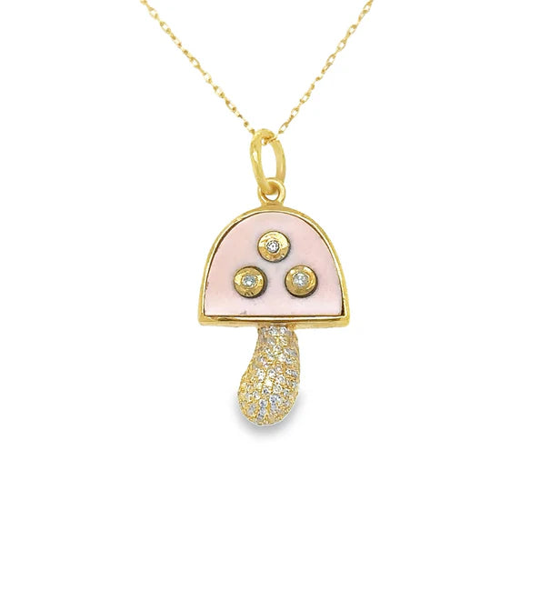 14KT YELLOW GOLD PINK OPAL MUSHROOM PENDANT WITH DIAMONDS