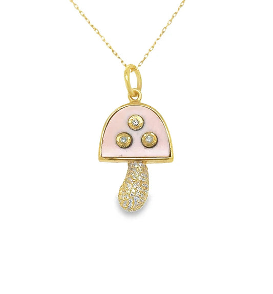 14KT YELLOW GOLD PINK OPAL MUSHROOM PENDANT WITH DIAMONDS