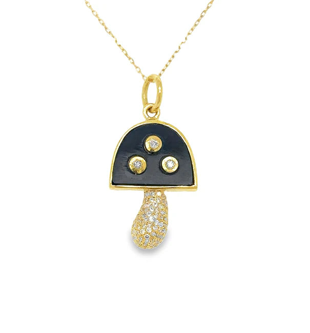 14KT YELLOW GOLD BLACK ONYX MUSHROOM PENDANT WITH DIAMONDS