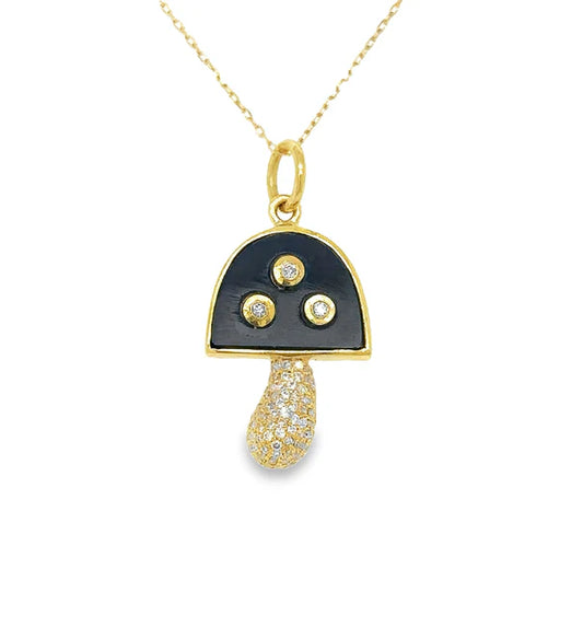 14KT YELLOW GOLD BLACK ONYX MUSHROOM PENDANT WITH DIAMONDS