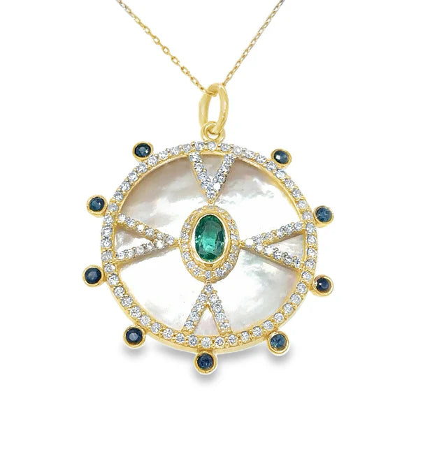 14KT YELLOW GOLD MOTHER OF PEARL PENDANT WITH EMERALD, SAPPHIRE AND DIAMONDS
