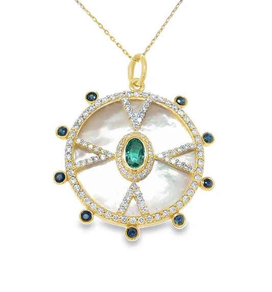 14KT YELLOW GOLD MOTHER OF PEARL PENDANT WITH EMERALD, SAPPHIRE AND DIAMONDS
