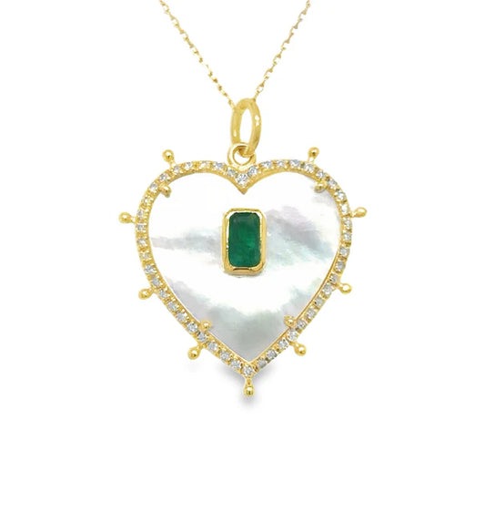 14KT YELLOW GOLD MOTHER OF PEARL HEART PENDANT WITH EMERALD AND DIAMONDS