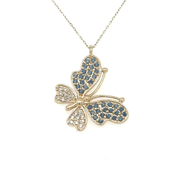 14KT YELLOW GOLD SAPPHIRE AND DIAMOND BUTTERFLY PENDANT