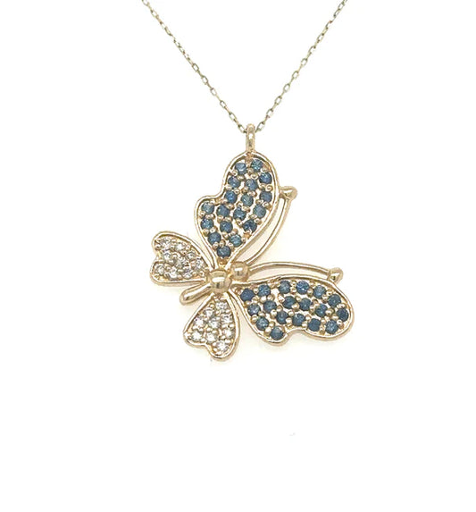 14KT YELLOW GOLD SAPPHIRE AND DIAMOND BUTTERFLY PENDANT