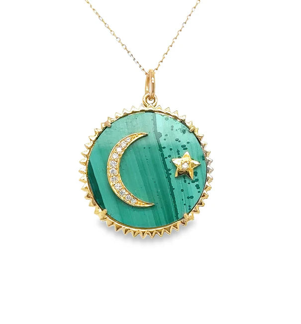 14KT YELLOW GOLD MALACHITE MOONSTAR PENDANT WITH DIAMONDS
