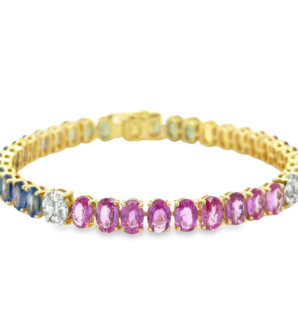 18KT YELLOW GOLD MULTI SAPPHIRE AND DIAMOND TENNIS BRACELET