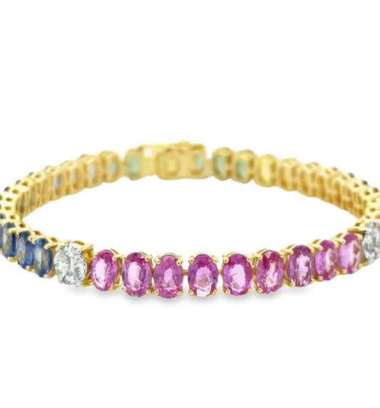 18KT YELLOW GOLD MULTI SAPPHIRE AND DIAMOND TENNIS BRACELET