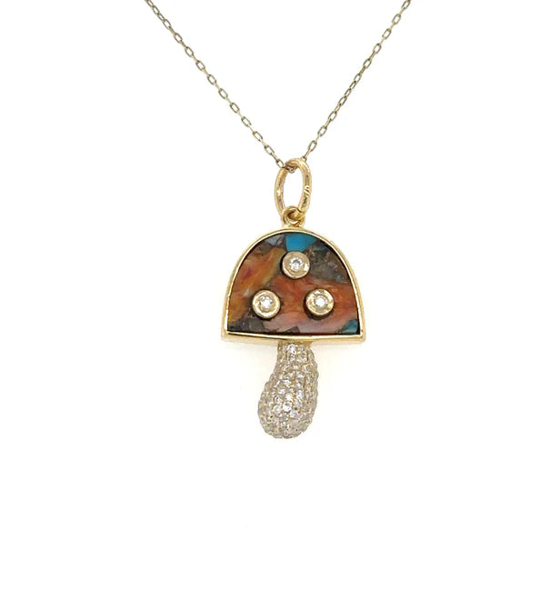 14KT YELLOW GOLD OYSTER TURQUOISE MUSHROOM PENDANT WITH DIAMONDS