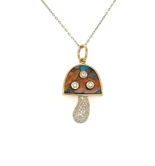 14KT YELLOW GOLD OYSTER TURQUOISE MUSHROOM PENDANT WITH DIAMONDS