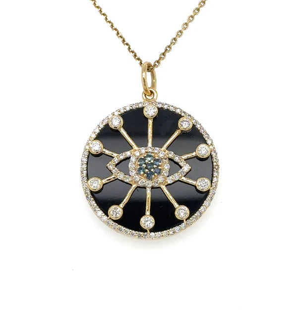 14KT YELLOW GOLD BLACK ONYX EVIL EYE PENDANT WITH DIAMONDS