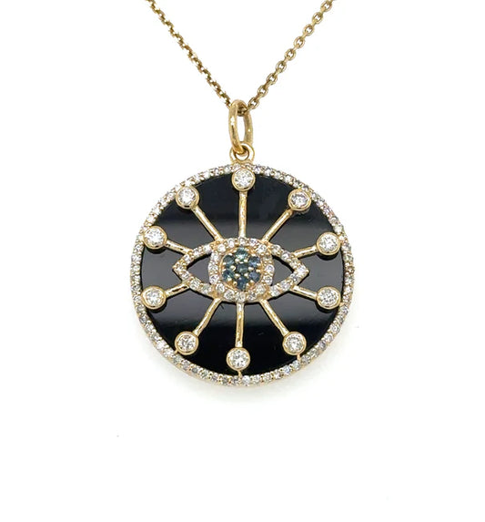 14KT YELLOW GOLD BLACK ONYX EVIL EYE PENDANT WITH DIAMONDS