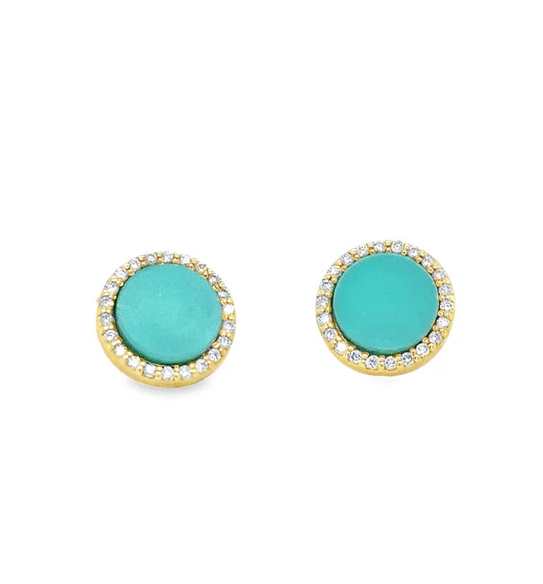 14KT YELLOW GOLD TURQUOISE WITH DIAMONDS ROUND EARRING