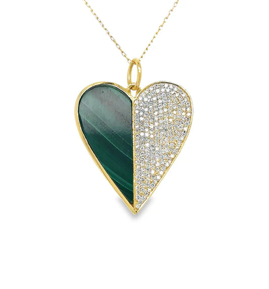 14KT YELLOW GOLD MALACHITE HEART PENDANT WITH DIAMONDS
