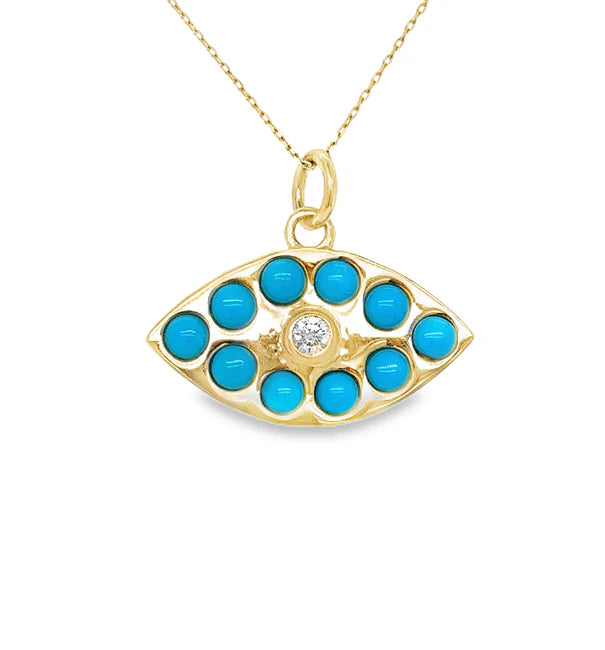 14KT YELLOW GOLD TURQUOISE AND DIAMOND EVIL EYE PENDANT