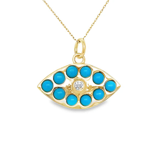 14KT YELLOW GOLD TURQUOISE AND DIAMOND EVIL EYE PENDANT