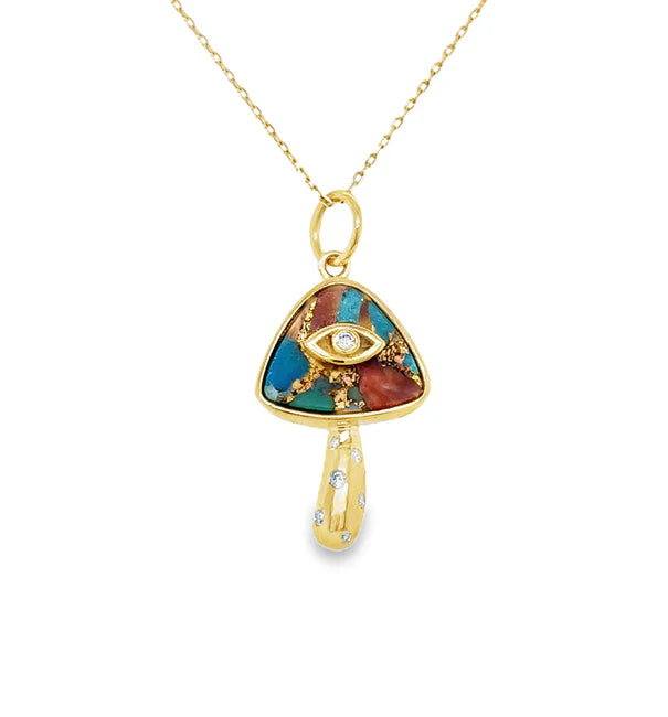 14KT YELLOW GOLD OYSTER TURQUOISE MUSHROOM PENDANT WITH DIAMONDS