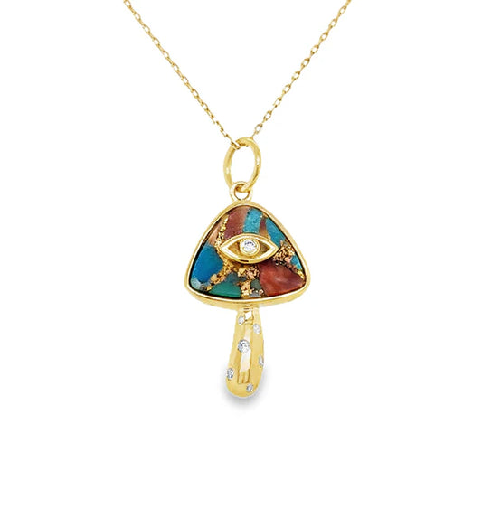 14KT YELLOW GOLD OYSTER TURQUOISE MUSHROOM PENDANT WITH DIAMONDS