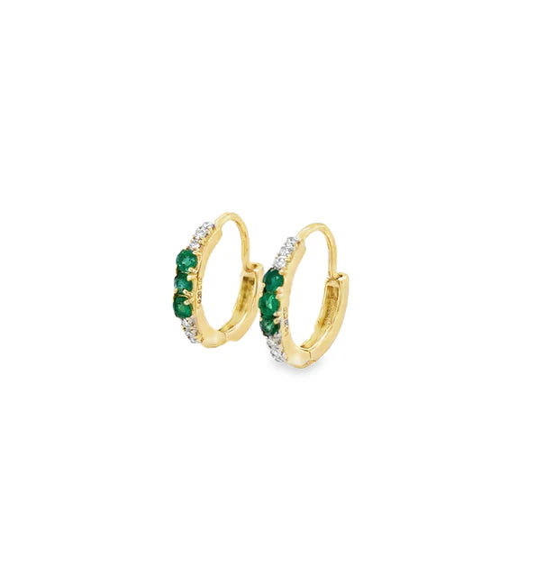 14KT YELLOW GOLD DIAMOND AND EMERALD HUGGIES EARRING